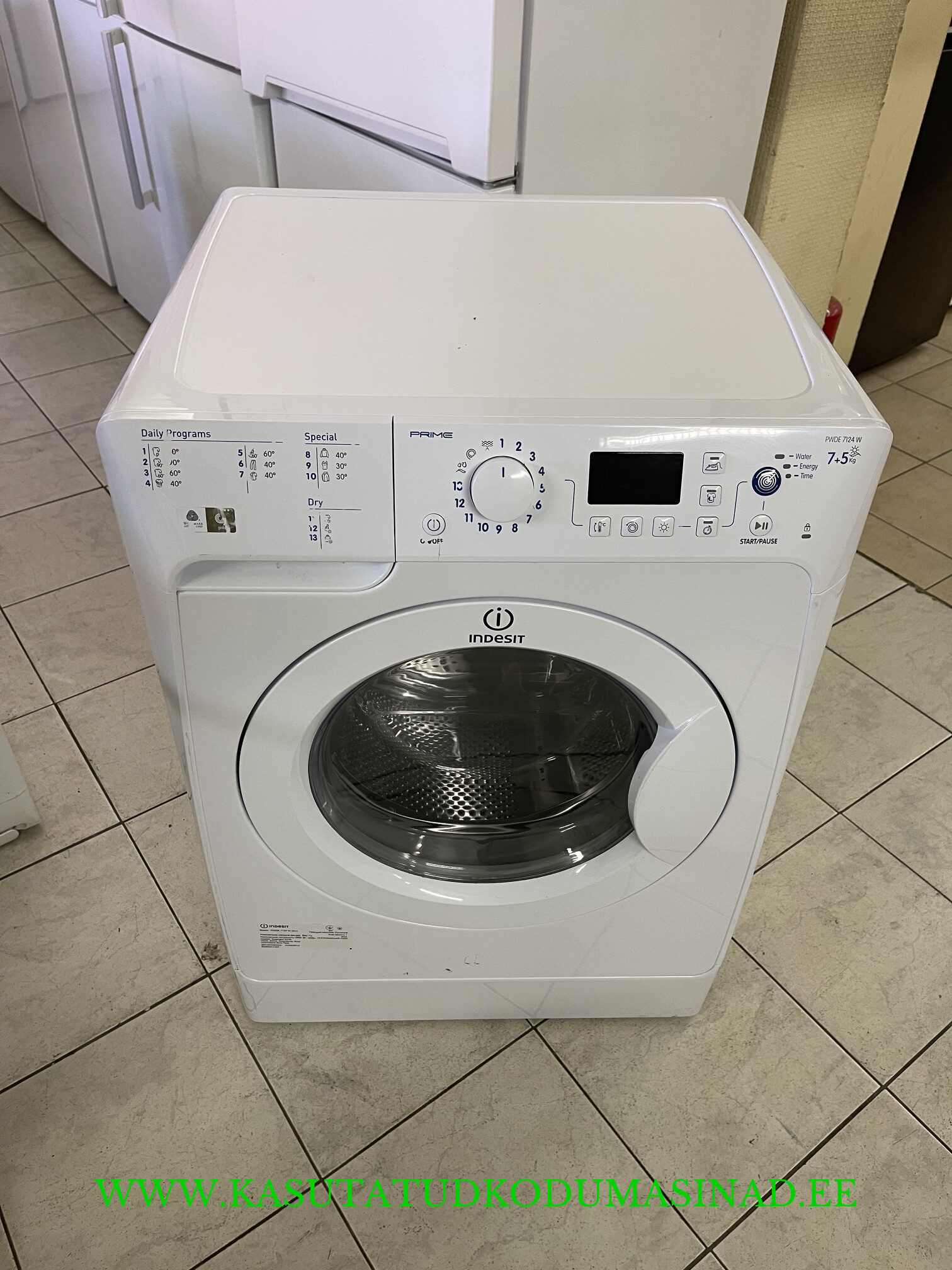 Kasutatud Indesit PWDE7124W kuivatiga pesumasin – 7/5 kg. – 1200 rpm. – sügavus 58cm